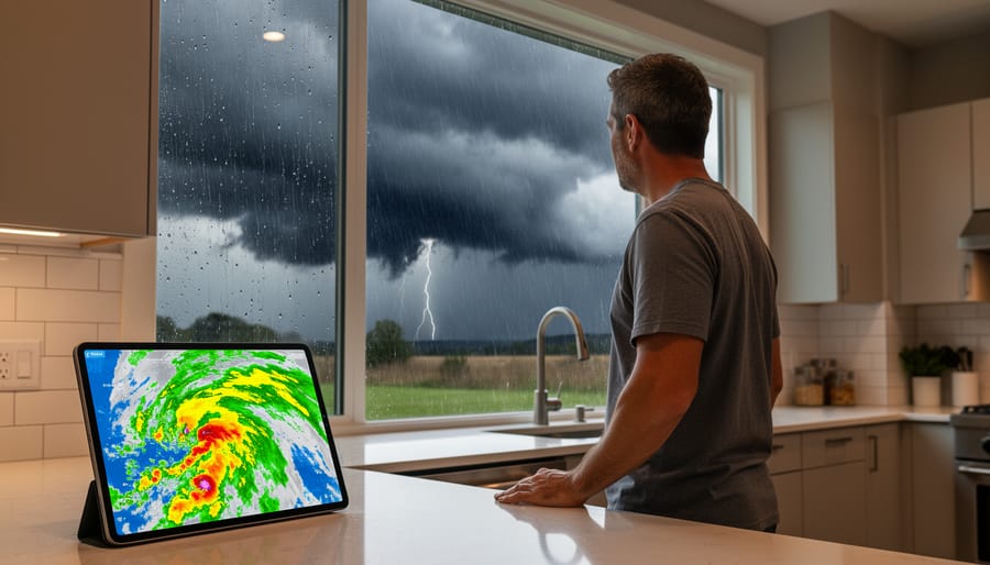 Person inside a home watching a storm through a window with wet street reflections outside
