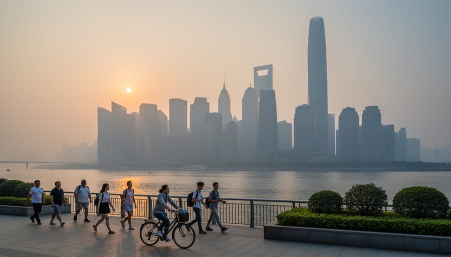 Hazy Ontario city street at dusk with distant smoke in the background