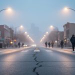 “Hazy evening street in Ontario with pedestrians walking under soft streetlights and a blurred skyline in the distance”