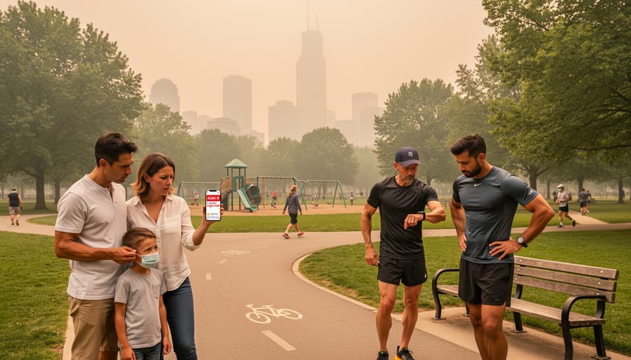 People exercising in a Calgary park with visible smoky haze in the air