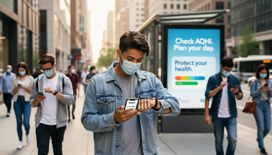 Person wearing a respirator mask walking on a city street under an overcast sky