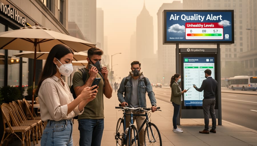 Person wearing a respirator holding an air sensor device near a window overlooking a hazy smoky street.