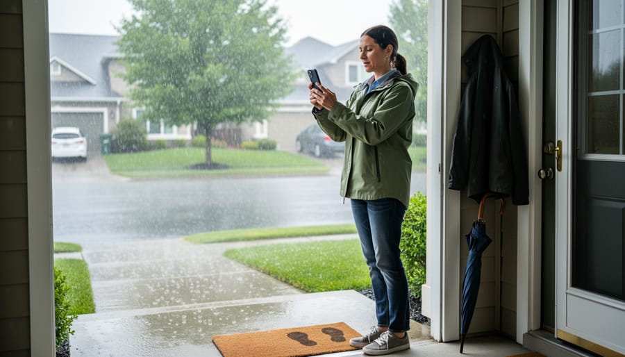 Person checking weather on a phone during light rain with storm clouds in the distance
