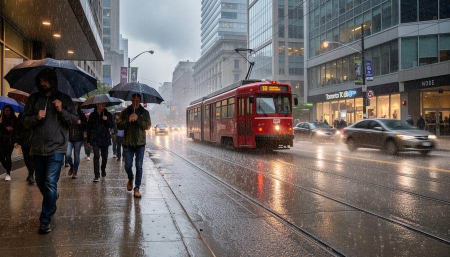 A cyclist waits under a transit shelter as rain begins on a Toronto street with wet pavement reflections.