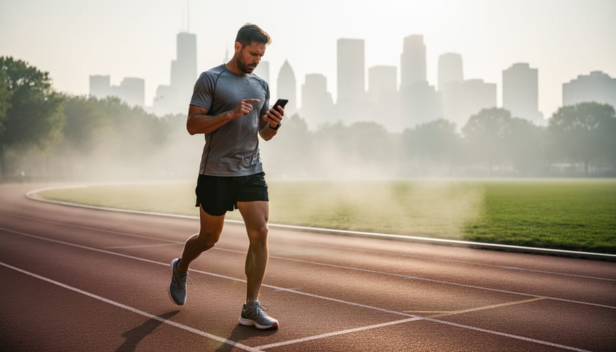 A jogger runs outdoors on a hazy Toronto street as air quality conditions appear less clear.