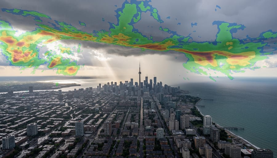 Toronto skyline at dusk with dark rain clouds and a distant rain curtain over the city.