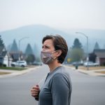 A person holding a mask outdoors in Vernon, BC, with a hazy sky suggesting poor air quality.