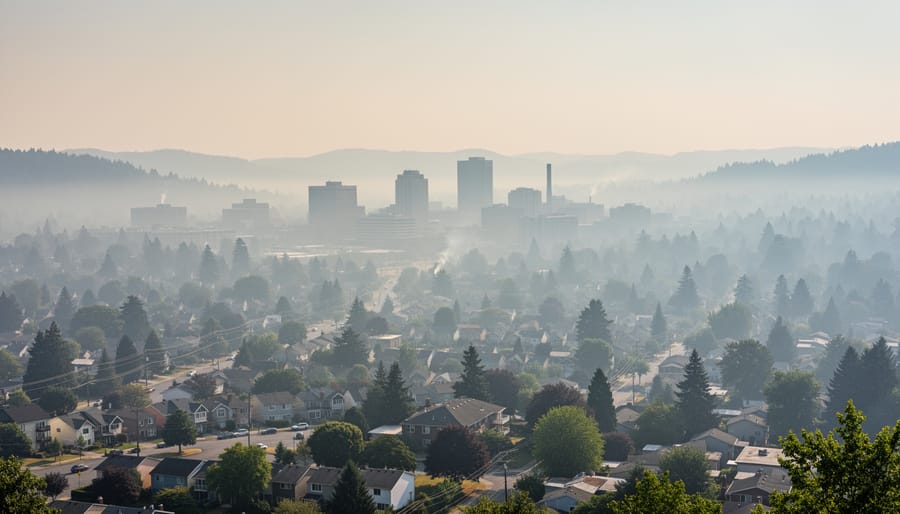 Park path in Vernon under a hazy sky with distant mountains in the background