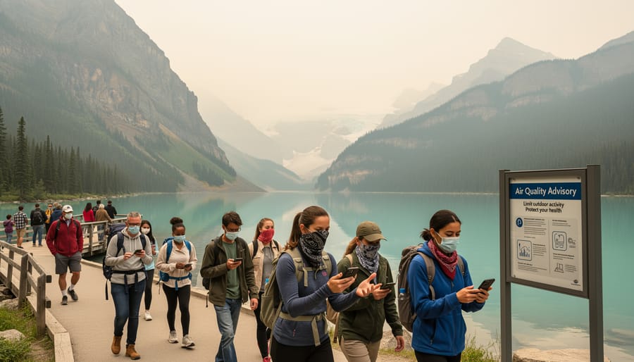 Visitors wearing face masks near Lake Louise outdoors during smoky air conditions