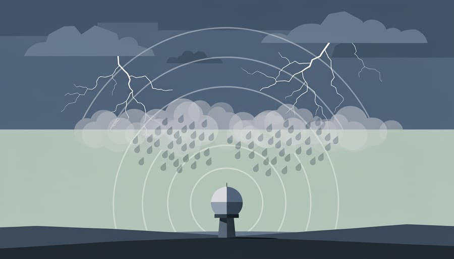 Illuminated mist rays in the night sky symbolizing a weather radar beam over an open field