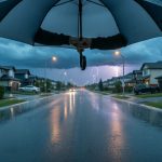 Close view of an umbrella in the rain with storm clouds and distant lightning over a wet street, illustrating real-time storm tracking for Sherwood Park.