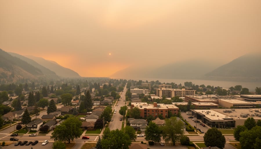Wildfire smoke drifting through an area with silhouetted evergreen trees