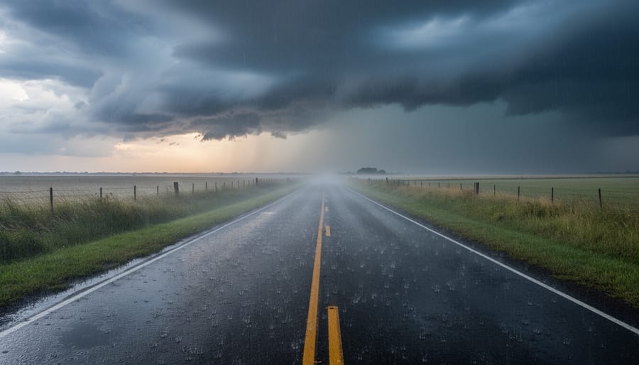 Wet rural highway in heavy rain under dark storm clouds during severe weather