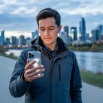 “Calgary resident outdoors near the Bow River using a phone to check the air quality forecast for health protection.”