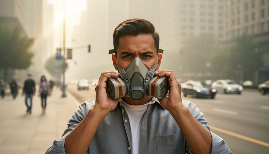 Person wearing a respirator mask walking in Calgary during smoky or hazy air conditions