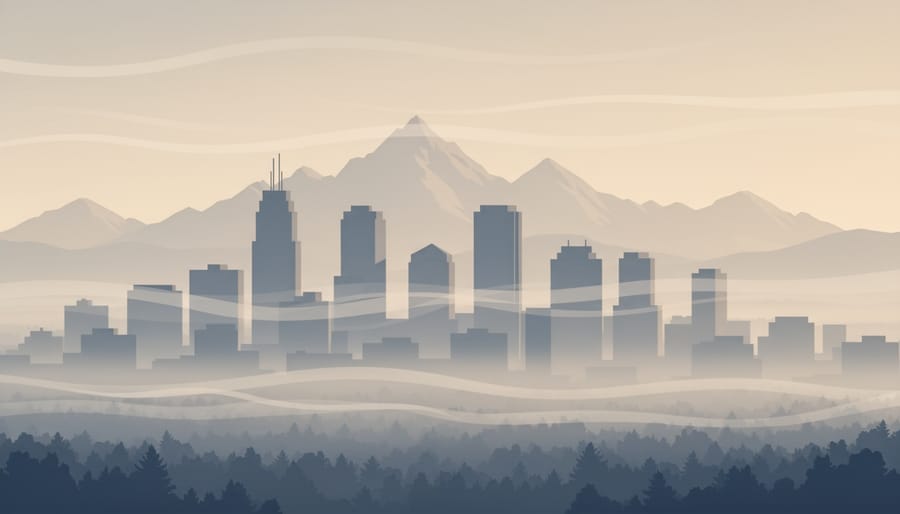 Calgary skyline and river path seen through smoky haze in subdued light