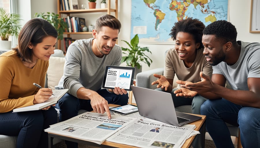 People in a community discussion holding different news materials while looking at each other