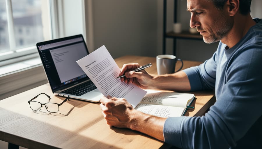 Hands holding a pen and notepad above an open newspaper with blurred headlines