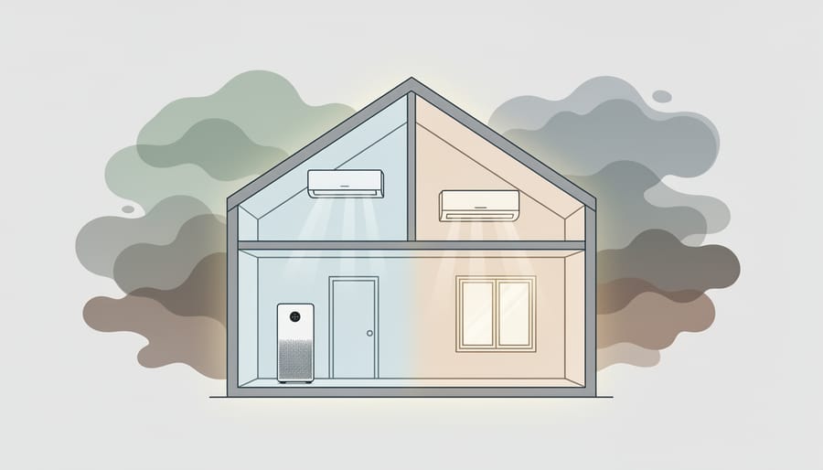 Indoor living room with windows closed and a portable air purifier running while smoky air is visible outside