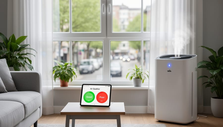Family in a living room with a portable air purifier and windows kept closed during hazy air