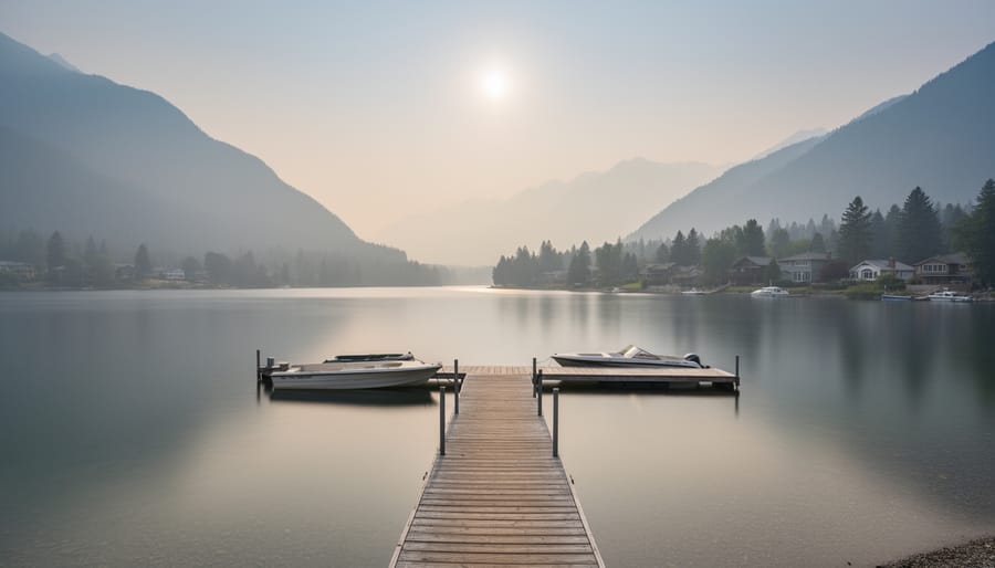 Lake Windermere shoreline in smoky summer air with distant hills obscured by haze