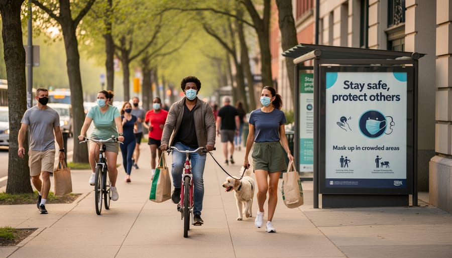 People walking and exercising on a lakeside path while wearing face masks during smoky air conditions