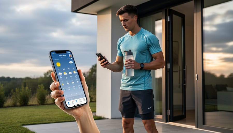 Person holding a smartphone while preparing to head outdoors near a sports field