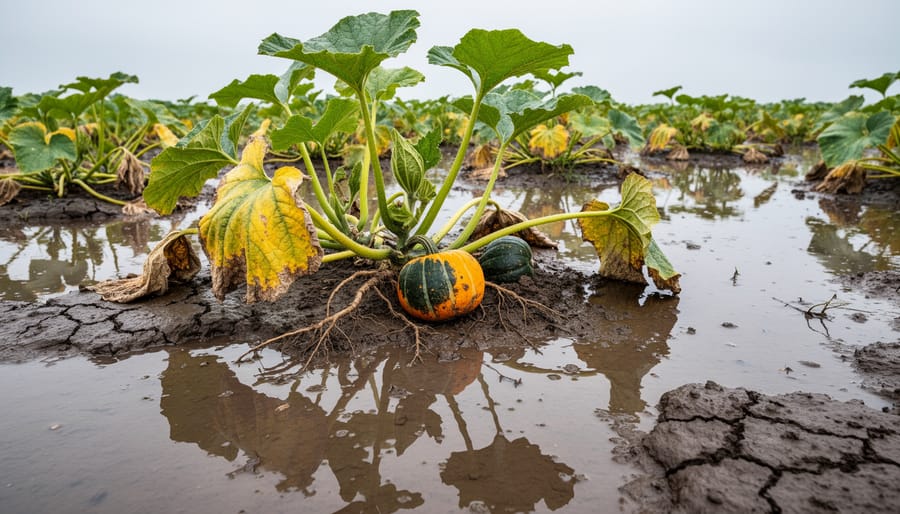 Pumpkin plants in a muddy field with water pooling after heavy rain.