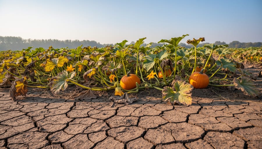 Dry, cracked soil and sparse pumpkin vines in a southern Alberta field suggesting drought stress.