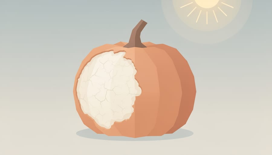 Close-up of a small pumpkin with pale sunscald patches and withered leaves in the field.