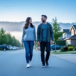 People walking on a quiet residential street in Abbotsford under clear morning light with a faint haze in the distant sky.