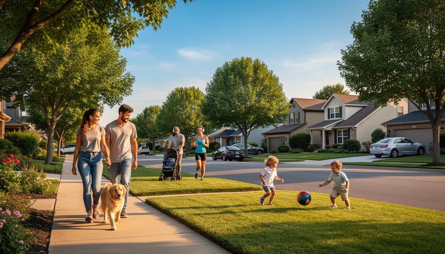 People walking on a residential street in Abbotsford on a calm day with natural daylight