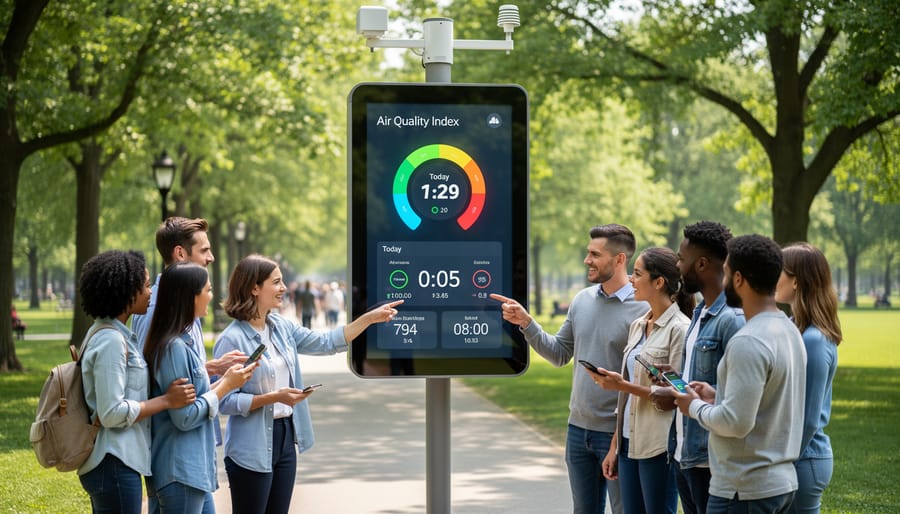 Air monitoring device placed on a picnic table near a window with trees softly blurred in the background
