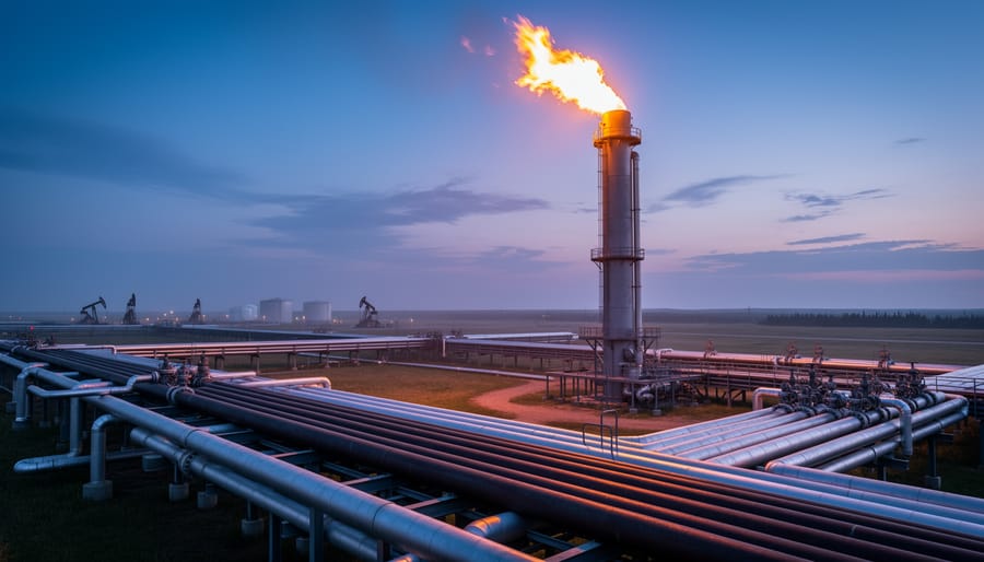 Oil and gas facility with pipelines and a flare stack at dusk in Alberta