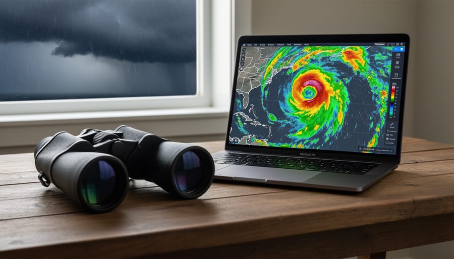 Binoculars next to an open laptop on a railing during sunset while monitoring weather conditions.