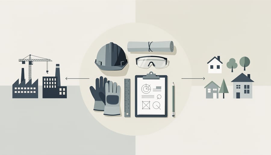 Work helmet and glove beside planning documents near a window, representing energy sector jobs and planning