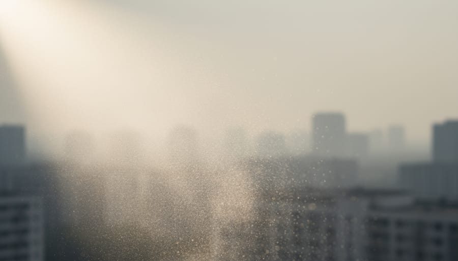 Close-up of fine dust particles on a car windshield with slight haze