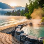 Scenic shoreline at Harrison Hot Springs with natural steam rising from a hot springs pool and a boardwalk leading toward the resort in soft golden light.