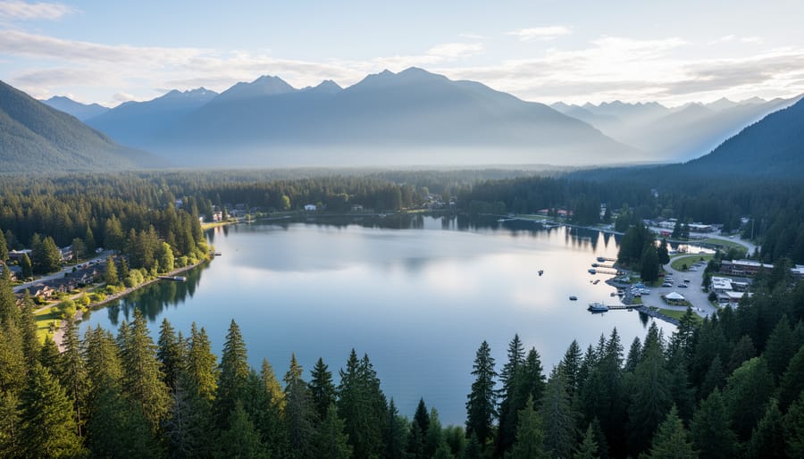 Scenic view of a mountain valley and treed shoreline near Harrison Hot Springs on a clear day