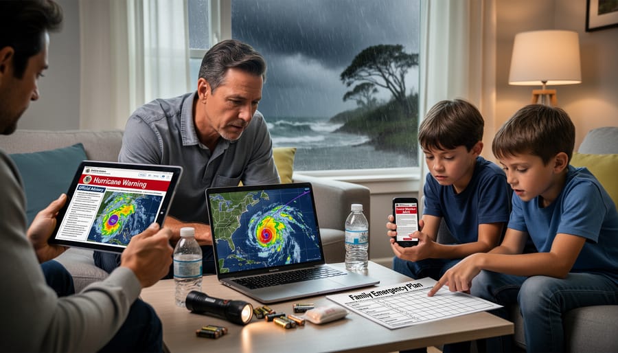 Person at a table using a laptop and smartphone while storm clouds gather outside near the shoreline.