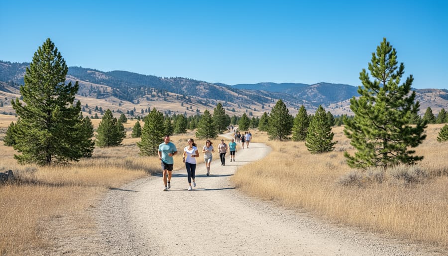 Jogger on a Kamloops riverside trail on a clear day