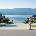 Person standing by a lakeside driveway in Sicamous, BC with clear Shuswap Lake and pine trees in the background, representing improved air quality.