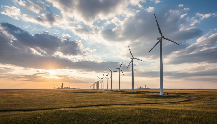 Wind turbines silhouetted against a bright horizon and cloudy sky near Alberta energy fields