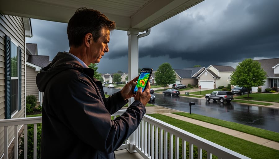 A person checking a smartphone during stormy weather in a suburban neighborhood.
