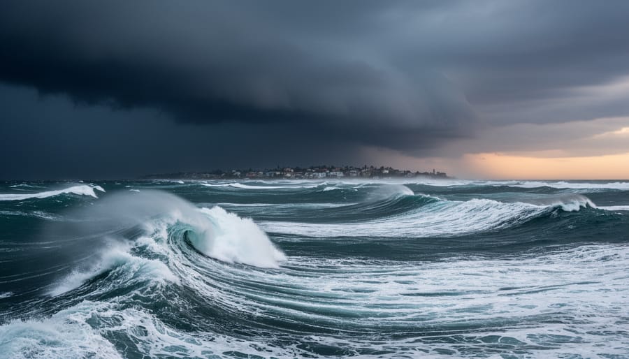 Rough ocean waves and heavy storm clouds along a coastline during bad weather.