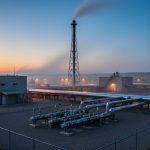 Oil and gas facility in Alberta at dusk with a flare stack and connected pipeline network in the foreground.
